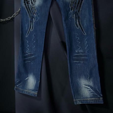 K&M Jeans KOSMO MODA Feathers Embroidery Silver Stitched Wash Denim
