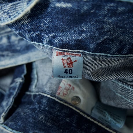 True Religion W42 Chemical Wash Bleach Embroidery Baggy Denim