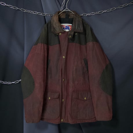80s~90s KOOLAH Canada made BEDALE type Leather Collar Elbow Patch 2tone Switching Oiled Jacket