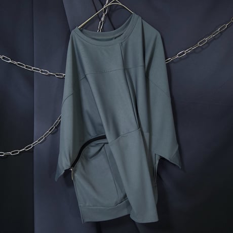 Unknown USED Deformation Cutting Asymmetry DropShoulder/Dolman Sleeve Zipper Gimmick L/S Tee