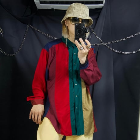 90s STUNT Crazy Multi Color Striped Silk100% L/S Shirts