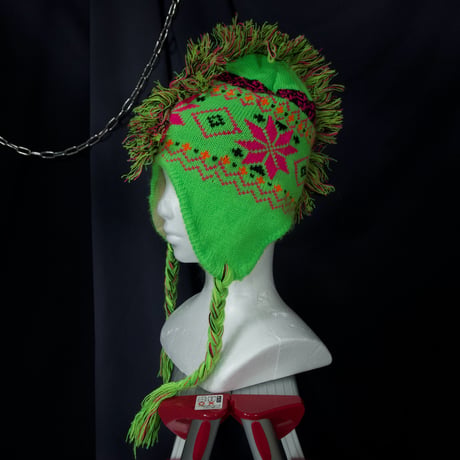 USED Mohawk Cyber Neon Color Fringe Ear Bird’sEye FairIsle Knit Cap