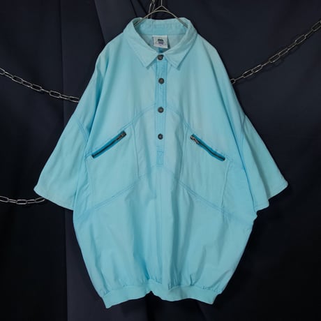 90s Euro C&A Cotton(Pique/Gauze Switch)DropShoulder BoxSilhouette HalfButtons Pullover S/S Shirts