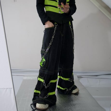 TRIPP NYC Chains Studs Zip Biohazard Print Detachable Parachute Bontage Raver Pants