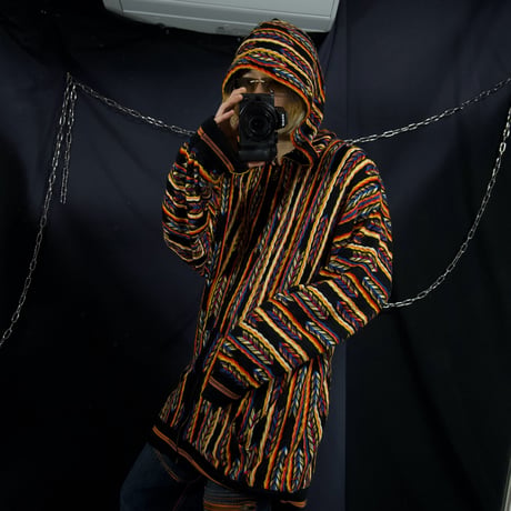 00s Ak:cess Multi Color Border Stripe Oversized Acrylic Full zip 3D Knit Hoodie Sweater