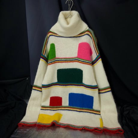 80s Yamamoto Kansai Multi Colors Borders Geometric Patterns Turtle Neck Mohair Knit Sweater
