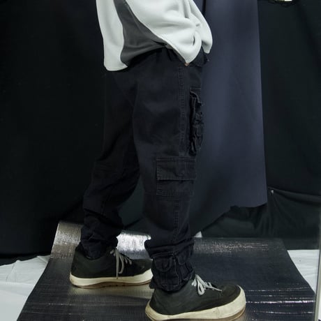 USED Multi Pockets Loose Tapered Piece Dyed Black Cotton Pants