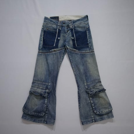 Marithe Francois Girbaud Switching Seam Cargo Pocket Design Flare Denim