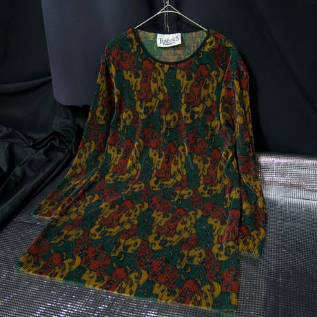 USED Botanical (Tribal&Lily&Fire) Raster Color Full Graphic Pleats Dress L/S Tee