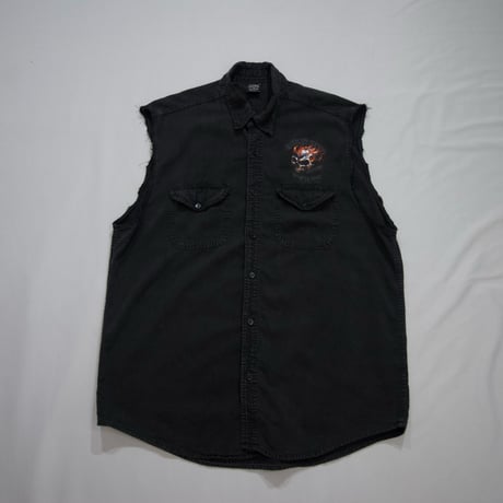 00s Ocean City Maryland Biker Skull Design Cutoff No Sleeves Denim Shirts