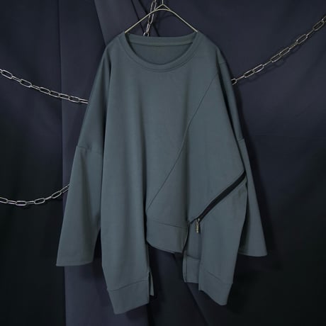 Unknown USED Deformation Cutting Asymmetry DropShoulder/Dolman Sleeve Zipper Gimmick L/S Tee