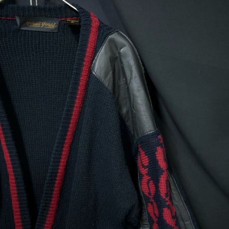 90s Michael Gerald Kiss marks Leather Switched Drop Shoulder Oversized Acrylic Knit Cardigan