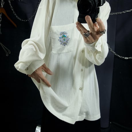 90s~00s RENOWN Japan made Triacetate Pleats Gauze Emblem Embroidery L/S Shirts