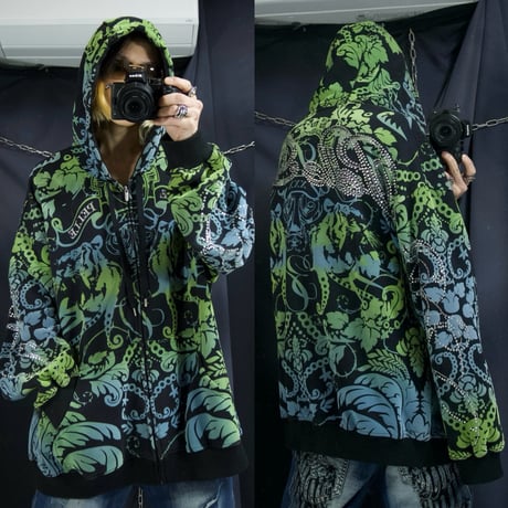 90s~00s Pelle Pelle Psychedelic Tiger Rhine Stone Frocky Graphics Heavyweight FullZip Sweat Hoodie