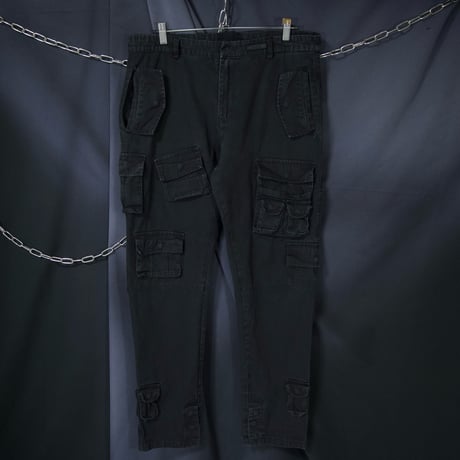 USED Multi Pockets Loose Tapered Piece Dyed Black Cotton Pants