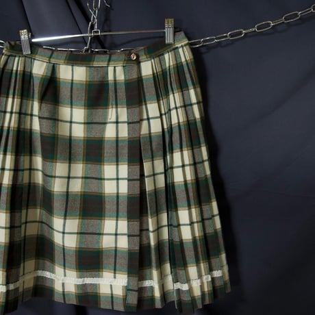 70s ALjean Canada Virgin Wool Tartan×Ombre Check Pleats Kilt Wrap Skirt