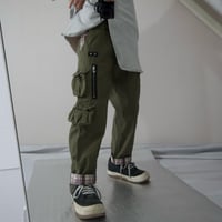 USED Multi Pockets & Zippers Gimmick Check Design Cargo Pants