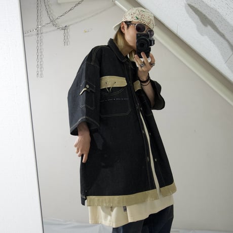 THE BARE FOX Rubber Switching Super Oversized S/S Denim Shirts