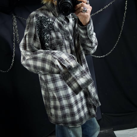 Roar Flowers&Cross Embroidery L/S Cotton Check Western Shirts
