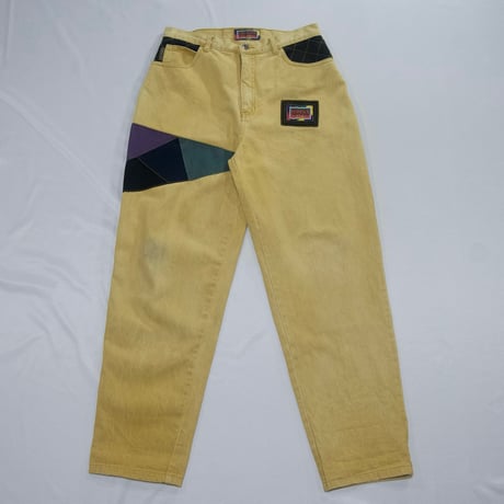 TRUTUS JEANS Piece Dying Yellow Embroidery Switching Baggy Denim
