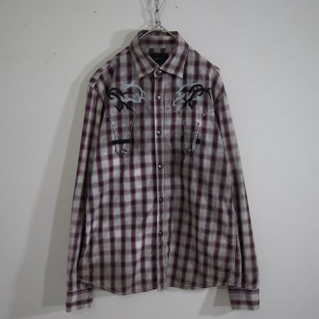 USED 00s taste Ombre Check Tribal Design L/S Western Shirts