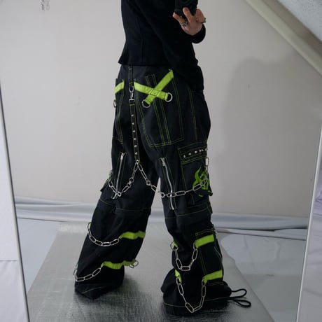 TRIPP NYC Chains Studs Zip Biohazard Print Detachable Parachute Bontage Raver Pants
