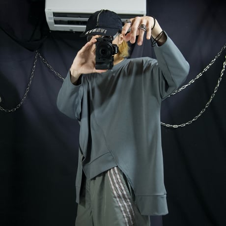 Unknown USED Deformation Cutting Asymmetry DropShoulder/Dolman Sleeve Zipper Gimmick L/S Tee