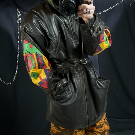 90s Marc Buchanan Pelle Pelle Dolman Sleeve Multi Color Embroidery Leather Jacket/Mountain Hoodie