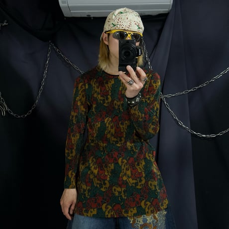 USED Botanical (Tribal&Lily&Fire) Raster Color Full Graphic Pleats Dress L/S Tee