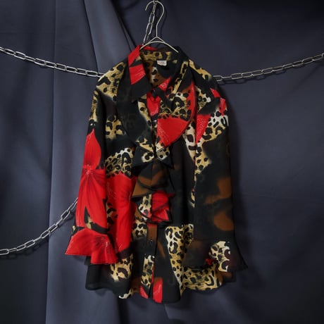 Euro USED Leopard×Flower Flare Sleeves 7/S Open Collar Frill Shirts
