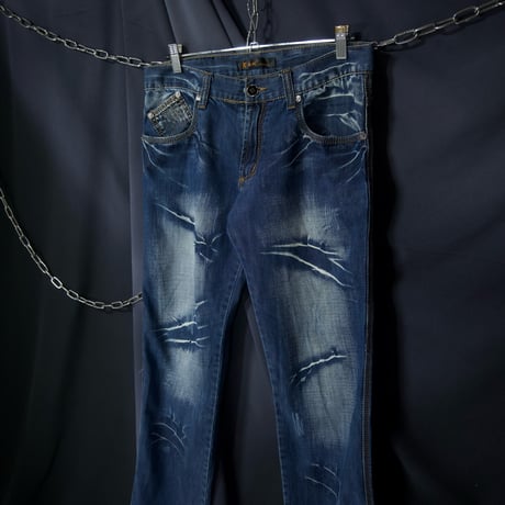 K&M Jeans KOSMO MODA Feathers Embroidery Silver Stitched Wash Denim