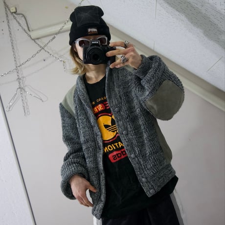 80s Pioneer Wear Suede Leather Switched Oversized Acrylic Knit Cardigan