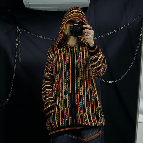 00s Ak:cess Multi Color Border Stripe Oversized Acrylic Full zip 3D Knit Hoodie Sweater