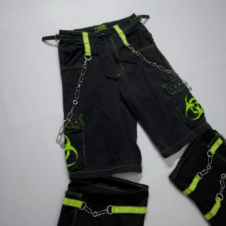 TRIPP NYC Chains Studs Zip Biohazard Print Detachable Parachute Bontage Raver Pants