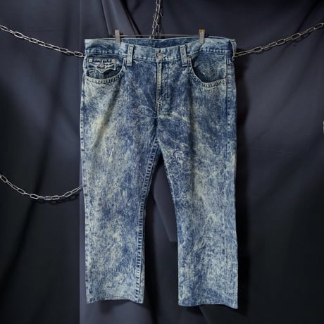 True Religion W42 Chemical Wash Bleach Embroidery Baggy Denim