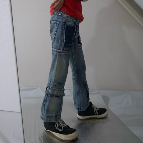 Marithe Francois Girbaud Switching Seam Cargo Pocket Design Flare Denim