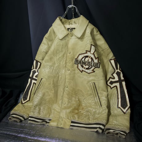 90s~00s RAWBLUE “Junk” All Embroidery Cross Emblem Patches PU Leather Stadium Jacket