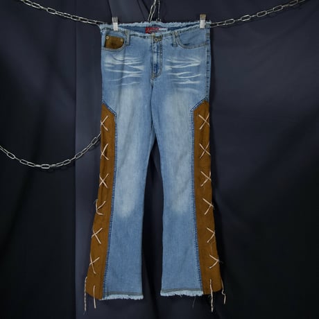 LazerJeans Side Fake Suede Leather Lace-Up Low Rise Wash Flare Denim