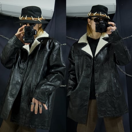 USED TSUGIHAGI Leather Boa Collar Chester Gang Coat