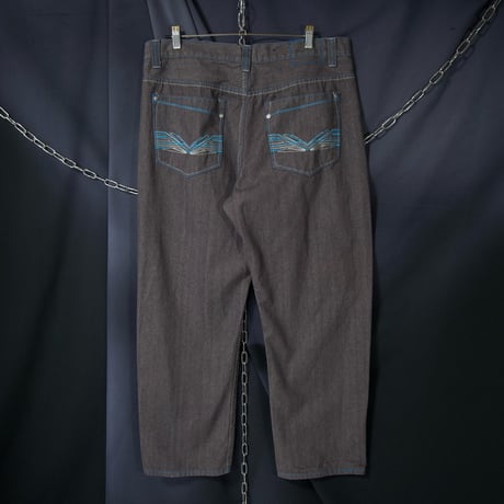 JINZU W38L30 Turquoise blue Embroidery Stitched Dark Grayish Red Baggy Denim