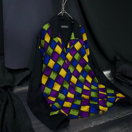 90s BUONUOMO USA Made Gradation Diamond Check Rayon100% L/S Open Collar Shirts