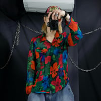 CHICO’s Flowers Full Graphics Sheer Silk100% Open Collar L/S Shirts