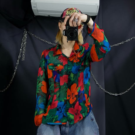 CHICO’s Flowers Full Graphics Sheer Silk100% Open Collar L/S Shirts