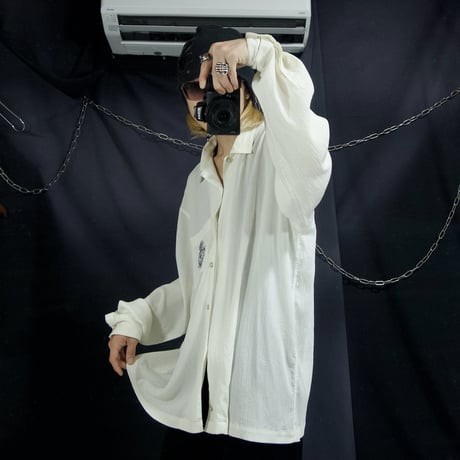 90s~00s RENOWN Japan made Triacetate Pleats Gauze Emblem Embroidery L/S Shirts