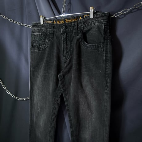 Rock Revival W38 Fleur de lis Embroidery Orange Selvage Piece Dyed Black Loose Straight Denim