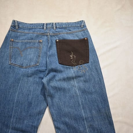 Indigo Red Design Wide Denim Pants