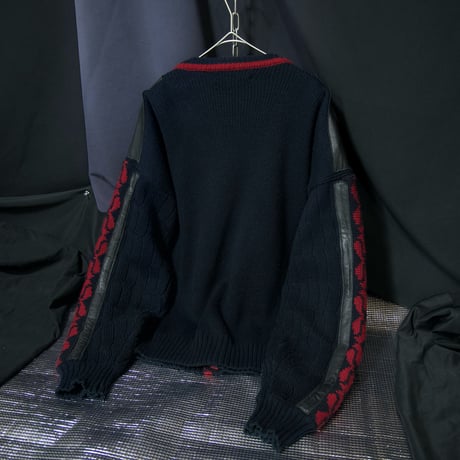 90s Michael Gerald Kiss marks Leather Switched Drop Shoulder Oversized Acrylic Knit Cardigan