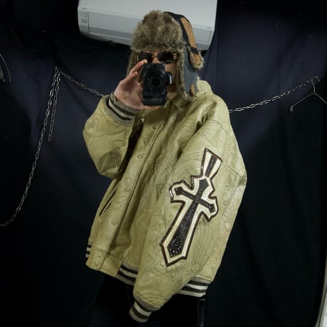 90s~00s RAWBLUE “Junk” All Embroidery Cross Emblem Patches PU Leather Stadium Jacket