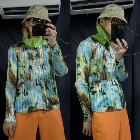90s Julialane Reversible Hawaiian Graphic High Neck Sailor Collar Full Zip Pleats Shirts Jacket