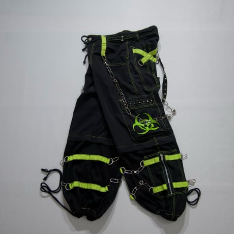 TRIPP NYC Chains Studs Zip Biohazard Print Detachable Parachute Bontage Raver Pants